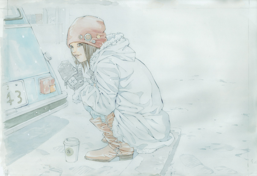 1girl, absurdres, beanie, black_eyes, boots, brown_boots, brown_hair, car