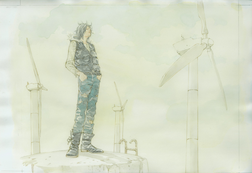 1boy, absurdres, black_boots, black_vest, blue_pants, boots, cigarette, commentary