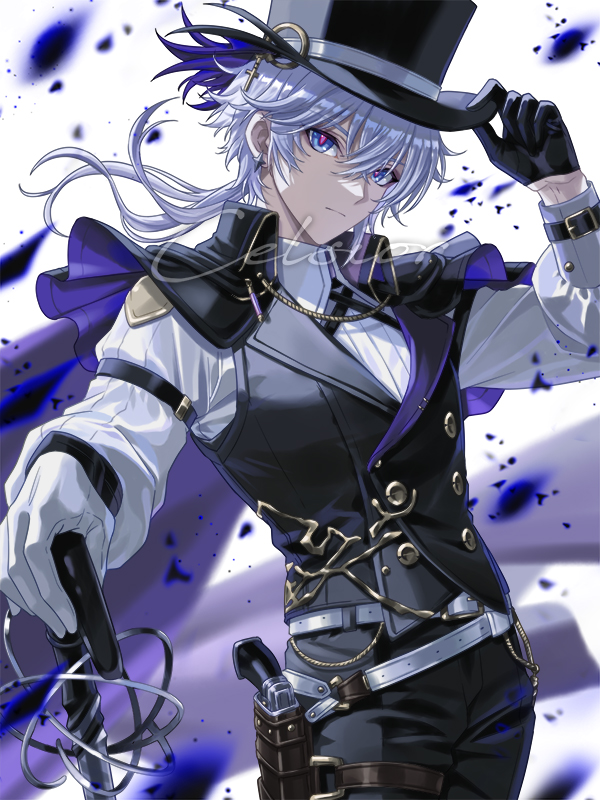 1boy, adjusting_clothes, adjusting_headwear, asymmetrical_gloves, black_gloves, black_hat, black_pants, black_vest