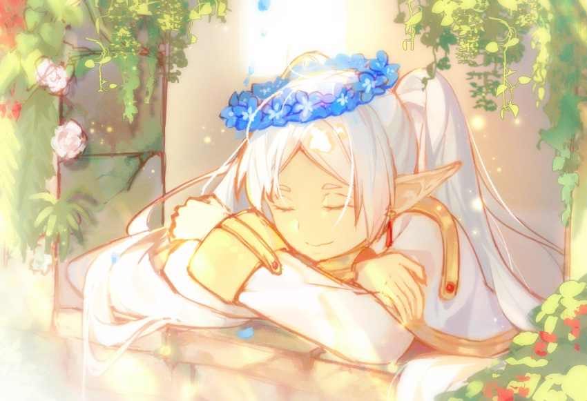 1girl, arm_pillow, baiye_renxing, blue_flower, capelet, closed_eyes, closed_mouth, crossed_arms
