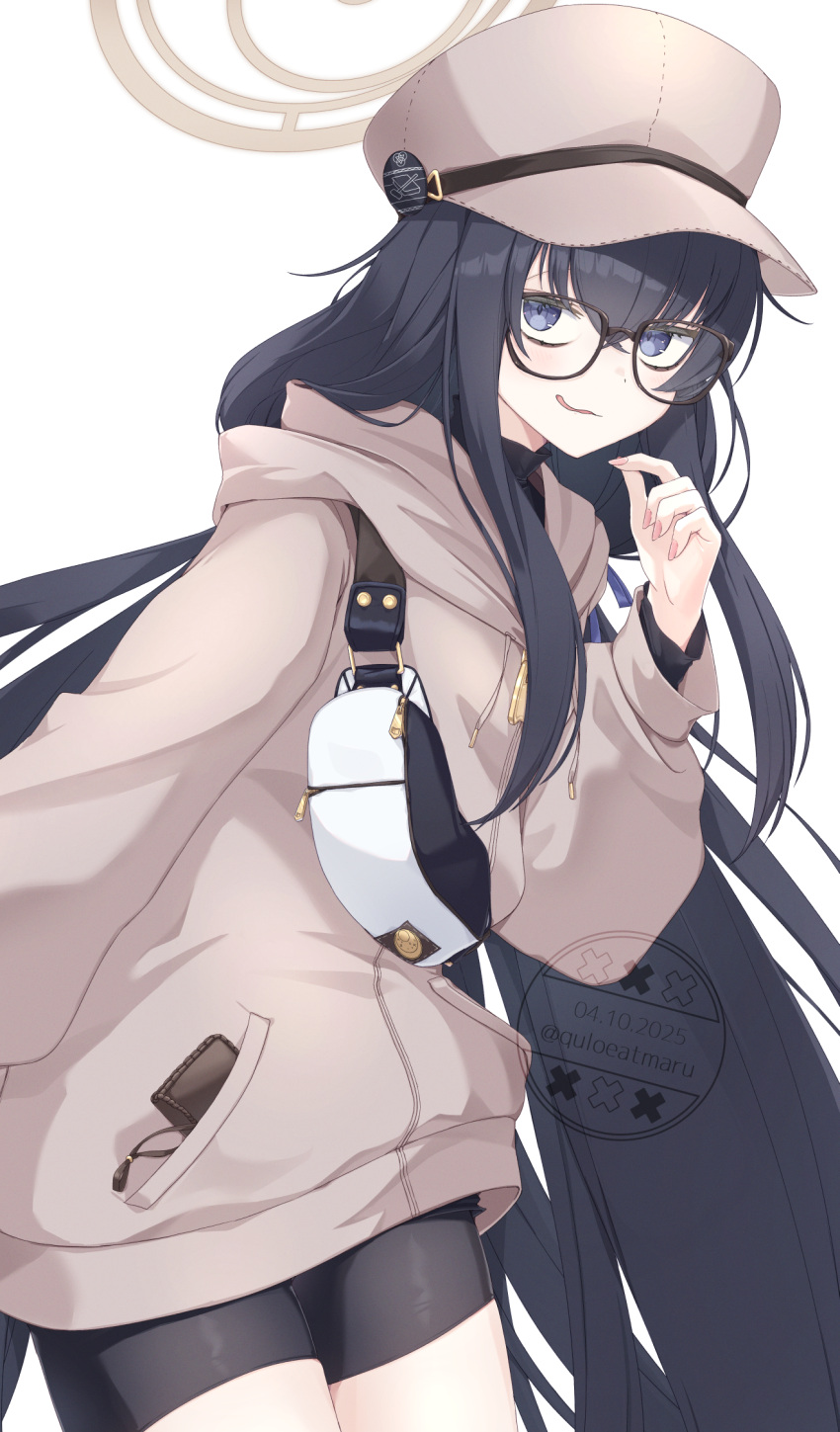 1girl, alternate_costume, bags_under_eyes, black_hair, black_shorts, black_undershirt, blue_archive, blue_eyes, blue_ribbon, brown-framed_eyewear, brown_halo, brown_hat, brown_hoodie, chloette, cowboy_shot, dated, drawstring, fanny_pack, glasses, hair_between_eyes, hair_ribbon, halo, hand_up, hat, highres, hood, hoodie, long_hair, long_sleeves, looking_at_viewer, looking_to_the_side, newsboy_cap, parted_lips, pink_nails, ribbon, shorts, simple_background, smile, solo, twitter_username, ui_(blue_archive), very_long_hair, wavy_mouth, white_background