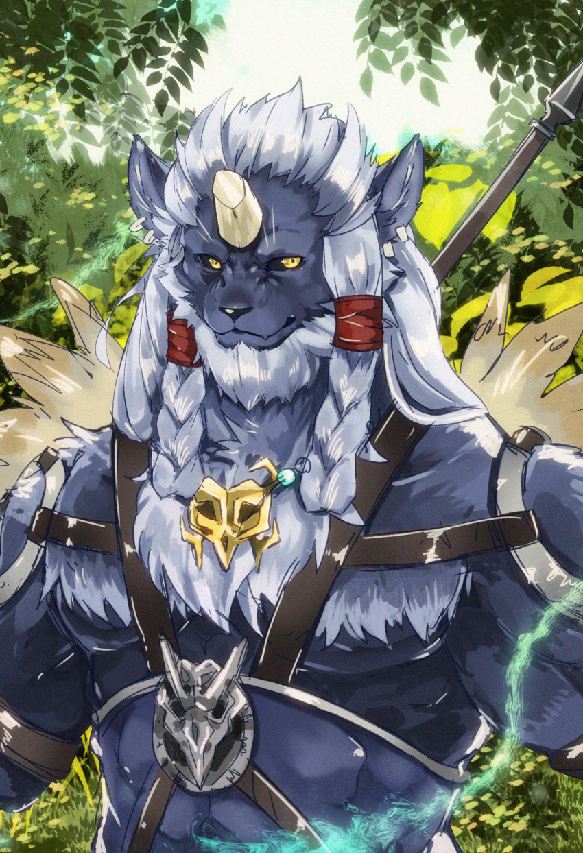 1boy, animal_ears, animal_nose, ao_gravity, beard, blue_fur, braid, broken_horn
