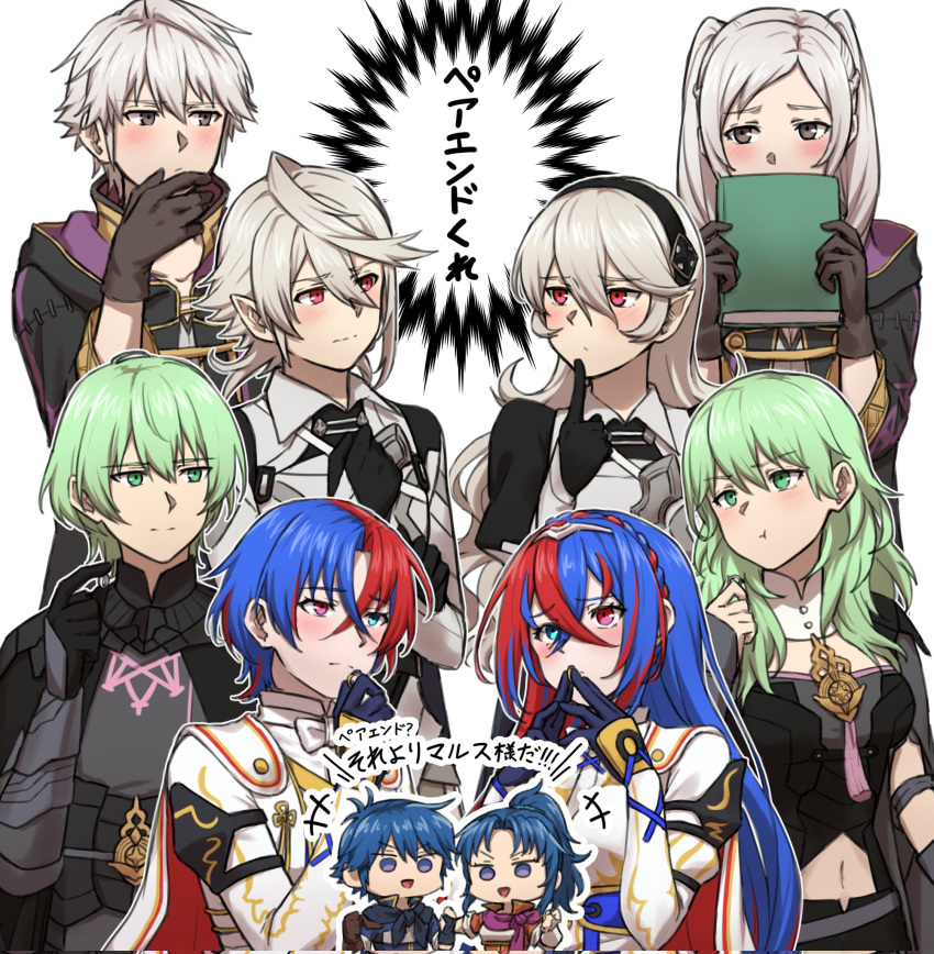 5boys, 5girls, armor, black_coat, black_gloves, black_hairband, blue_eyes, blue_hair