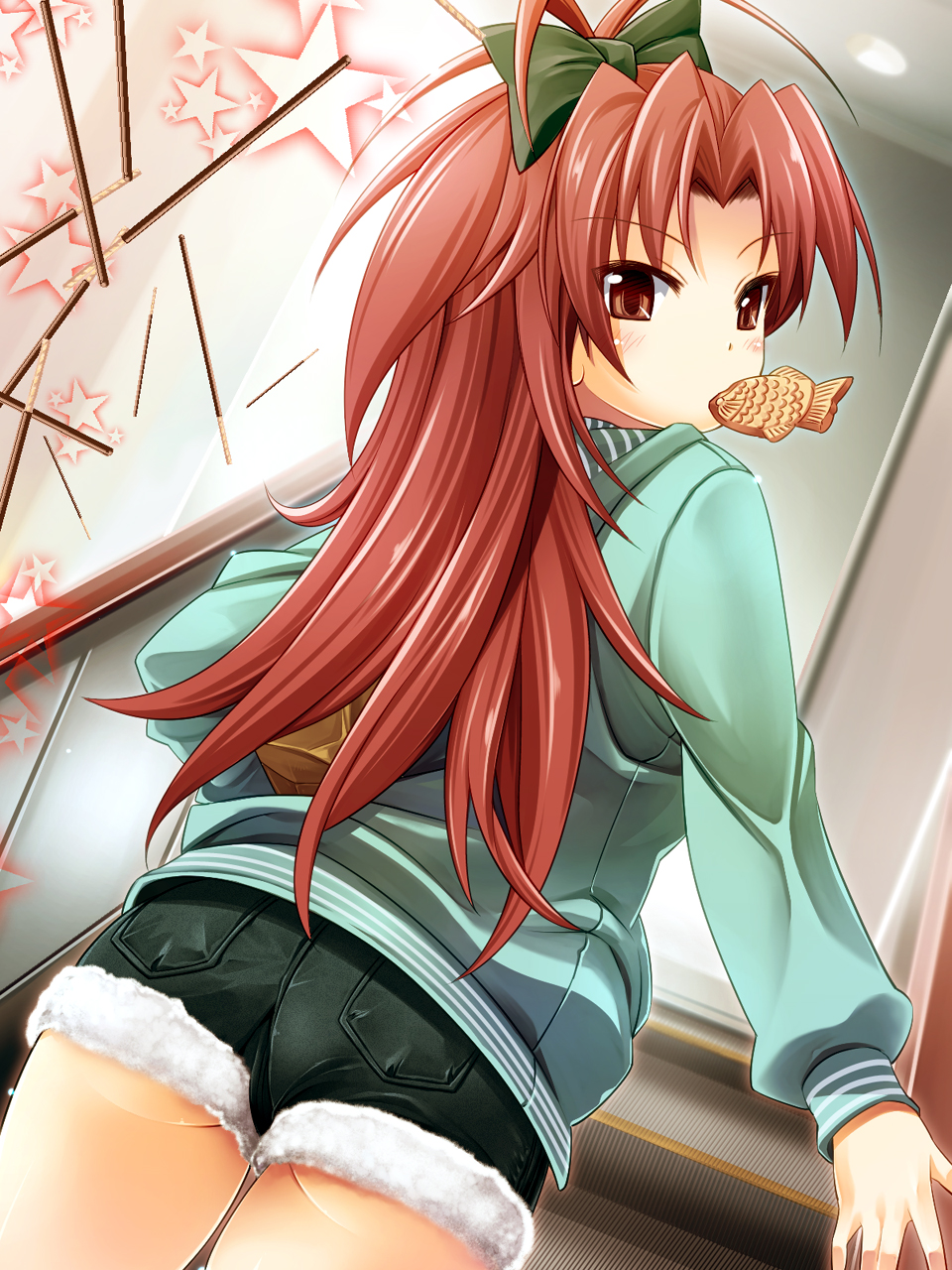 bow, food, hair_bow, highres, mahou_shoujo_madoka_magica, rakujin, sakura_kyouko, short_shorts