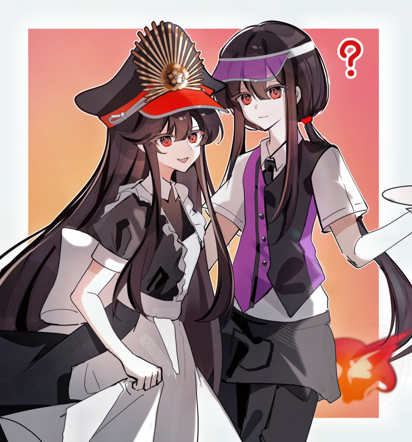 1boy, 1girl, :d, ?, alternate_costume, apron, apron_grab, back_bow