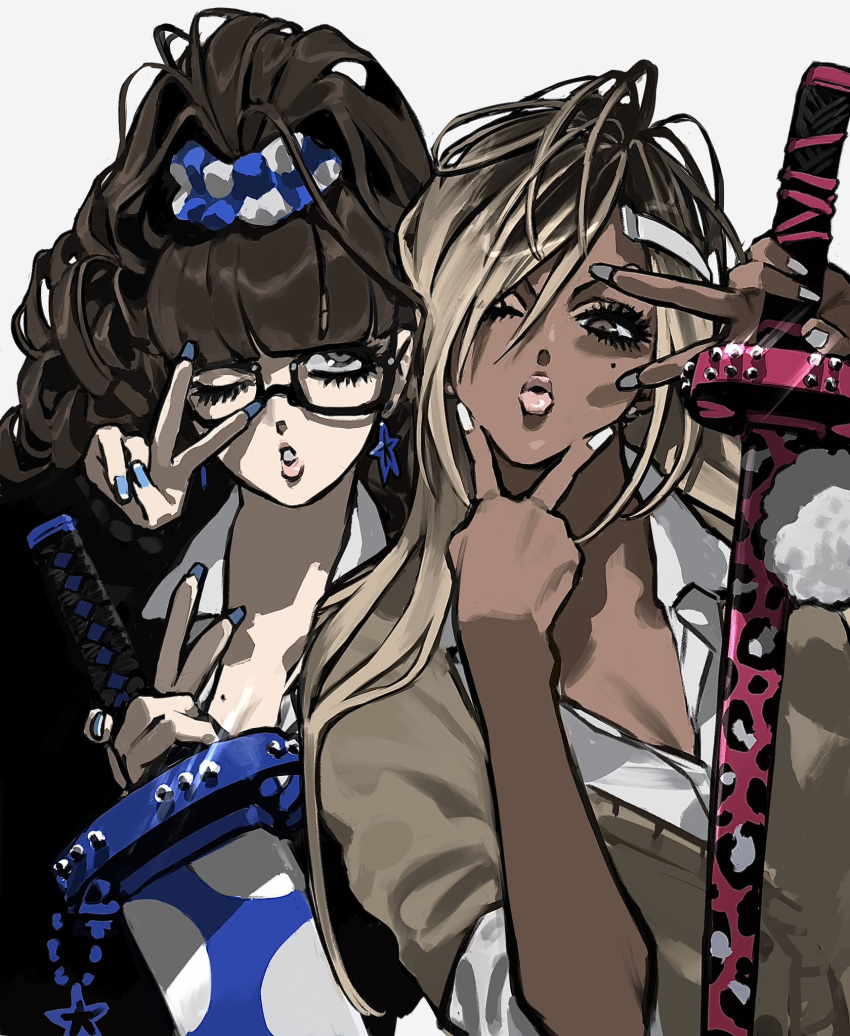 2girls, blonde_hair, blue_nails, blunt_bangs, breasts, brown_eyes, brown_hair, commentary