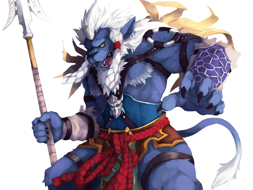 1boy, angry, animal_ears, animal_nose, biceps, blue_fur, braid, broken_horn