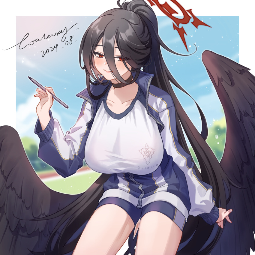 1girl, absurdres, black_choker, black_hair, black_wings, blue_archive, blue_jacket, blush