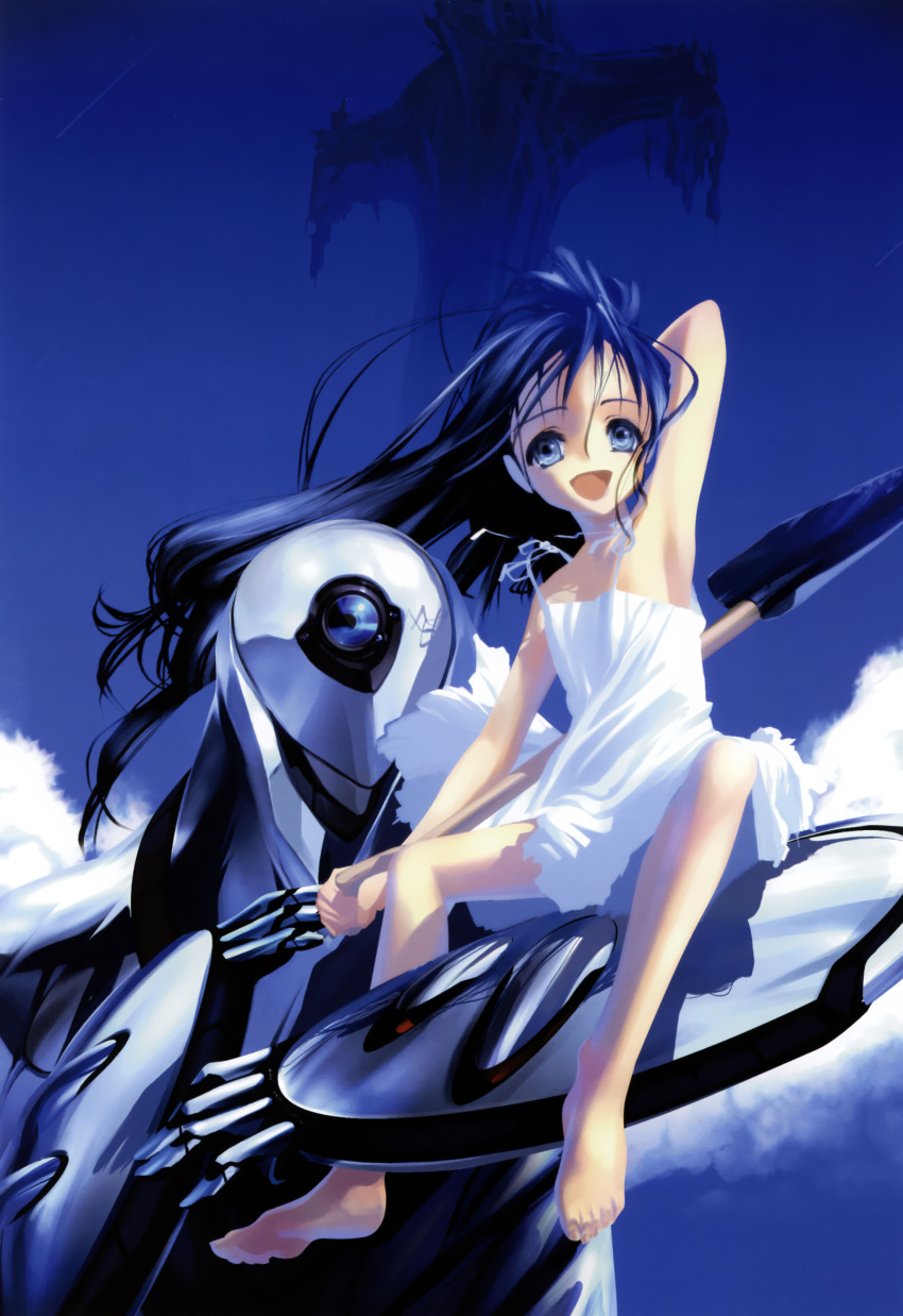 armpits, barefoot, blue_eyes, blue_hair, choco, copyright_request, dress, feet