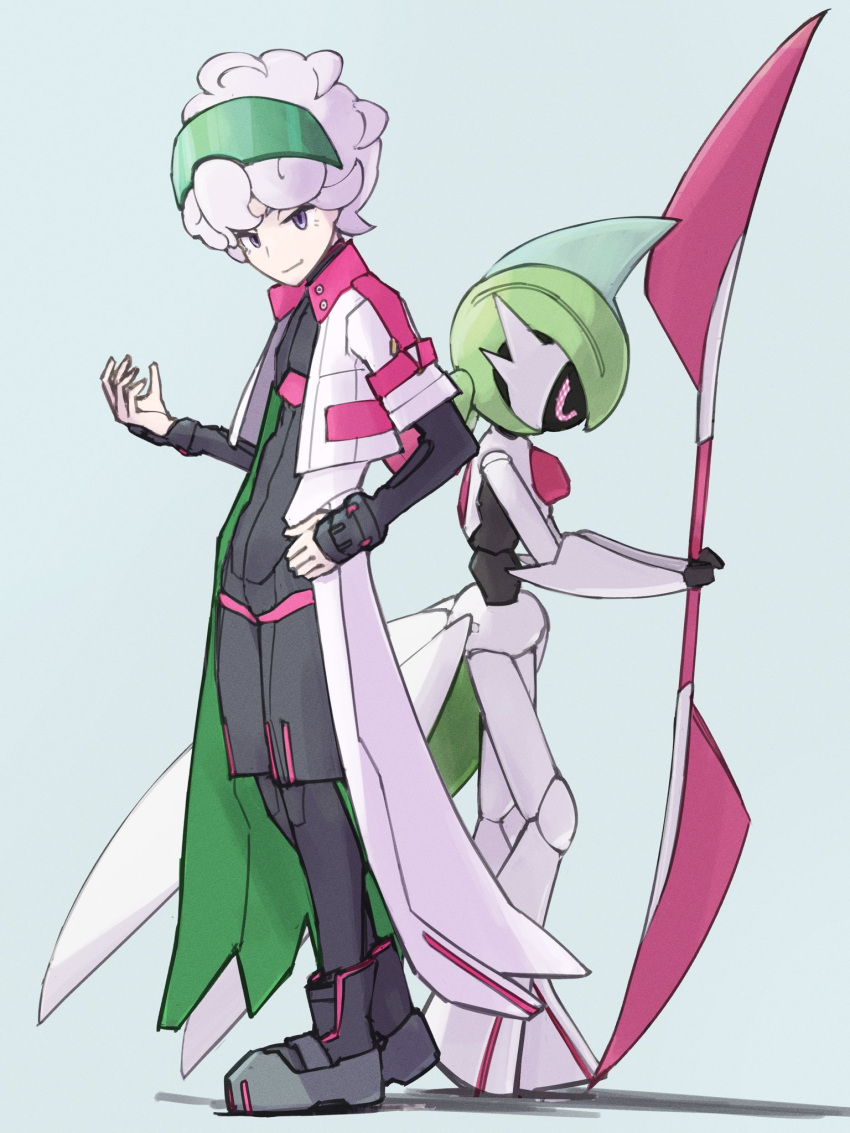1boy, back-to-back, bede_(pokemon), bede_(sygna_suit)_(pokemon), coat, eyewear_on_head, full_body, green-tinted_eyewear