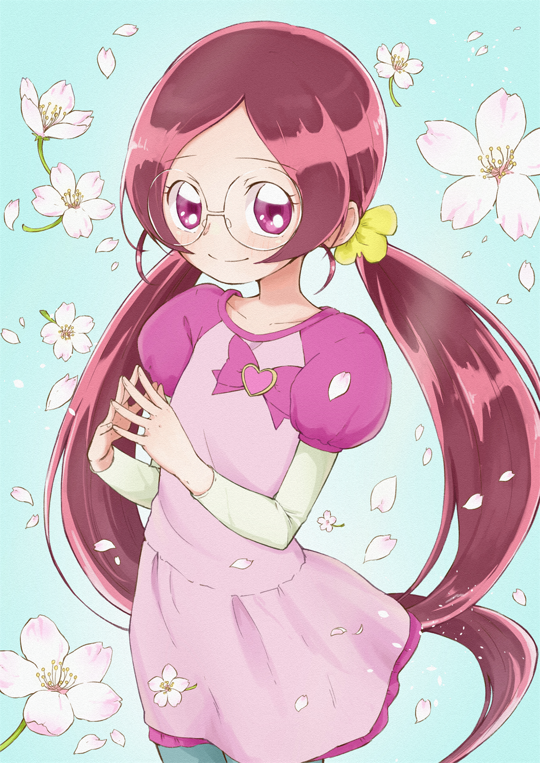 1girl, aizawa_zawapo, blue_background, blue_pants, blush, bow, casual, closed_mouth
