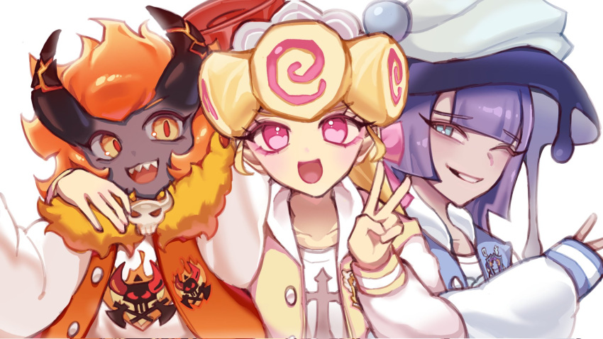 1girl, 2boys, blonde_hair, capsaicin_cookie, colored_eyelashes, cookie_run, cookie_run:_kingdom, curly_hair, dress, gloves, highres, holding, humanization, kouign-amann_cookie, long_hair, looking_at_viewer, multicolored_hair, multiple_boys, open_mouth, pink_dress, pink_eyes, pink_hair, prune_juice_cookie, simple_background, smile, solo, very_long_hair, wldbsbb07