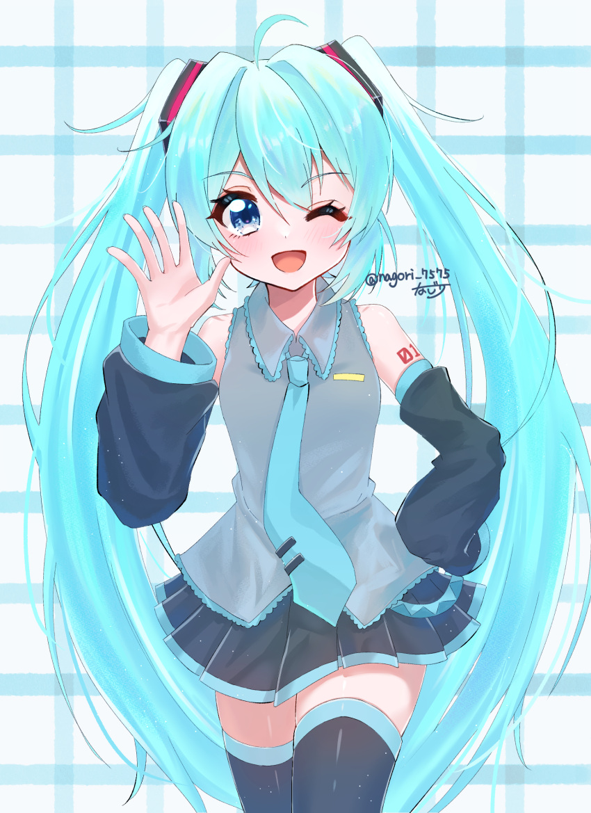 1girl, blue_eyes, blue_hair, collared_shirt, commentary_request, detached_sleeves, hair_ornament, hand_on_own_hip