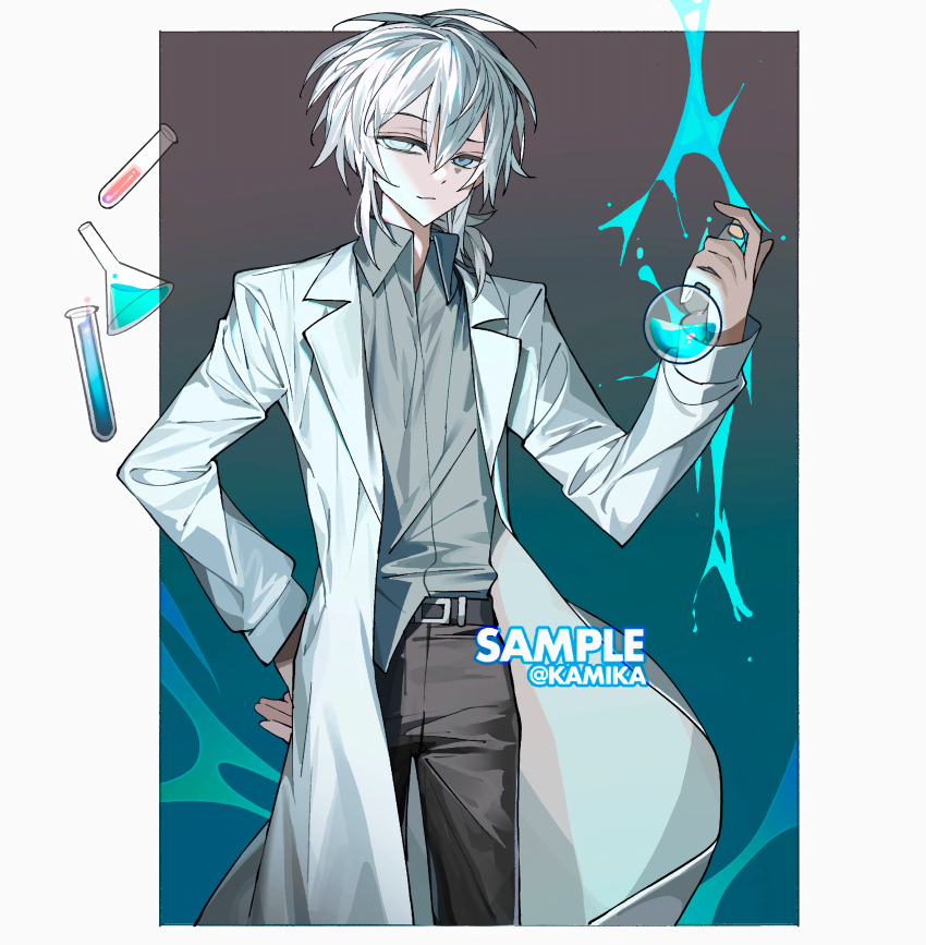 1boy, absurdres, academic_test, accents, anime_coloring, beaker, belt, button-up