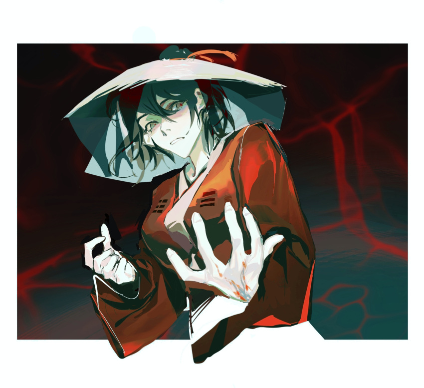 1girl, ajirogasa, baiqian319, black_background, black_hair, black_veil, blood, blood_on_hands, breasts, chinese_clothes, chinese_commentary, dao_gui_yi_xian, genderswap, genderswap_(mtf), grey_eyes, hair_between_eyes, hair_bun, hair_ribbon, hanfu, hat, highres, li_huowang, long_sleeves, looking_at_viewer, medium_breasts, medium_hair, open_hand, parted_lips, red_hanfu, red_pupils, red_ribbon, ribbon, robe, single_hair_bun, solo, straw_hat, upper_body, veil, weimao, wide_sleeves