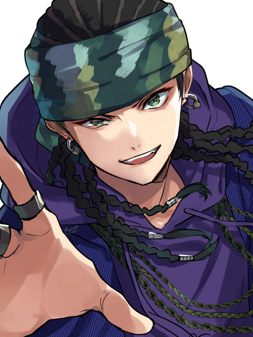 1boy, bandana, black_hair, camouflage, chain, chain_necklace, cornrows, douan_kazusato, drawstring, earrings, fang, floating_hair, green_bandana, green_eyes, highres, hood, hood_down, hoodie, hoop_earrings, hypnosis_mic, hypnosis_mic:_rule_the_stage, jacket_over_hoodie, jewelry, kishinaito, long_hair, looking_at_viewer, male_focus, multiple_necklaces, multiple_rings, necklace, open_mouth, portrait, purple_hoodie, reaching, reaching_towards_viewer, ring, signature, simple_background, smile, smirk, solo, uneven_eyes, v-shaped_eyebrows, white_background