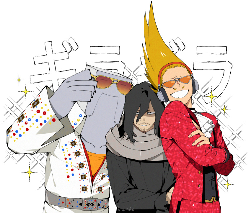 3boys, aizawa_shota, ascot, black_shirt, blonde_hair, boku_no_hero_academia, cementoss, disco, facial_hair, grin, hair_between_eyes, headphones, jacket, kaido_(kaido_ggg), long_sleeves, looking_at_viewer, male_focus, multiple_boys, mustache, orange-tinted_eyewear, present_mic, red_jacket, rhinestone, scarf, shirt, smile, sparse_stubble, tinted_eyewear, translation_request, white_ascot, white_jacket, yellow_shirt