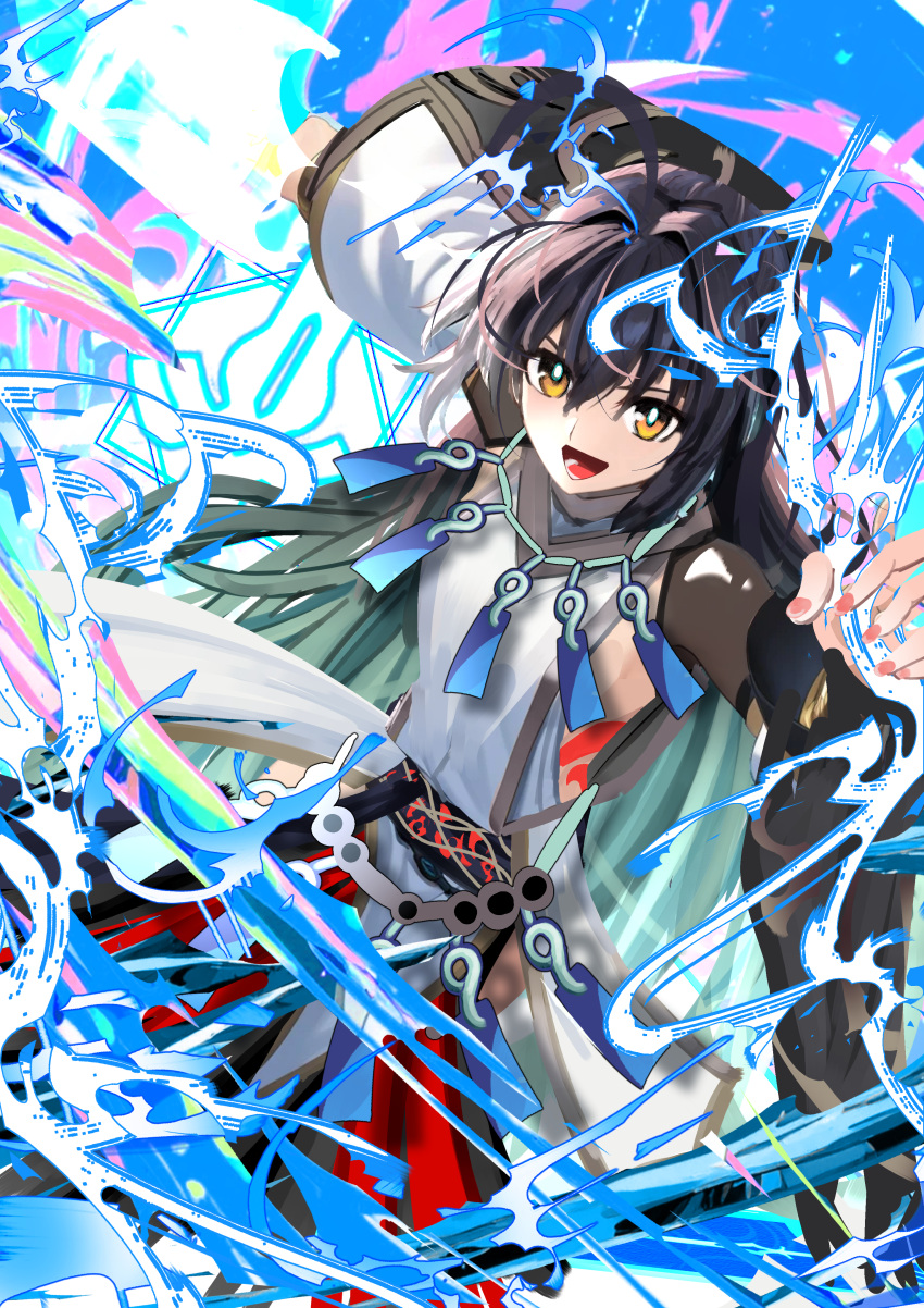 1boy, 1other, absurdres, ahoge, amulet, black_hair, black_hakama, blue_kimono, braid, braided_ponytail, fate/grand_order, fate/samurai_remnant, fate_(series), hair_between_eyes, hair_intakes, hakama, highres, holding, japanese_clothes, jewelry, kimono, kitsunebi44410, long_hair, long_sleeves, looking_at_viewer, open_mouth, orange_eyes, other_focus, single_braid, smile, solo, splashing, topknot, waraji, water, yamato_takeru_(fate)