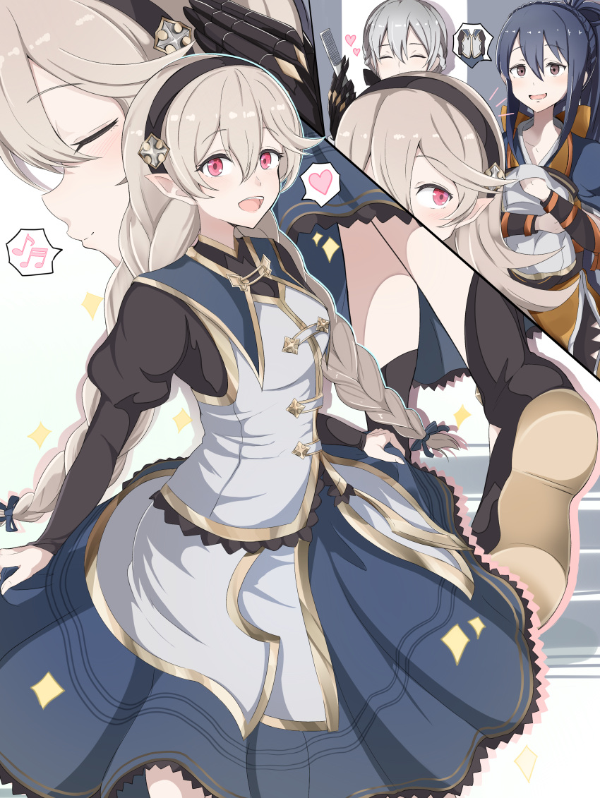 1boy, 2girls, :d, absurdres, black_hairband, blue_hair, braid, brown_eyes