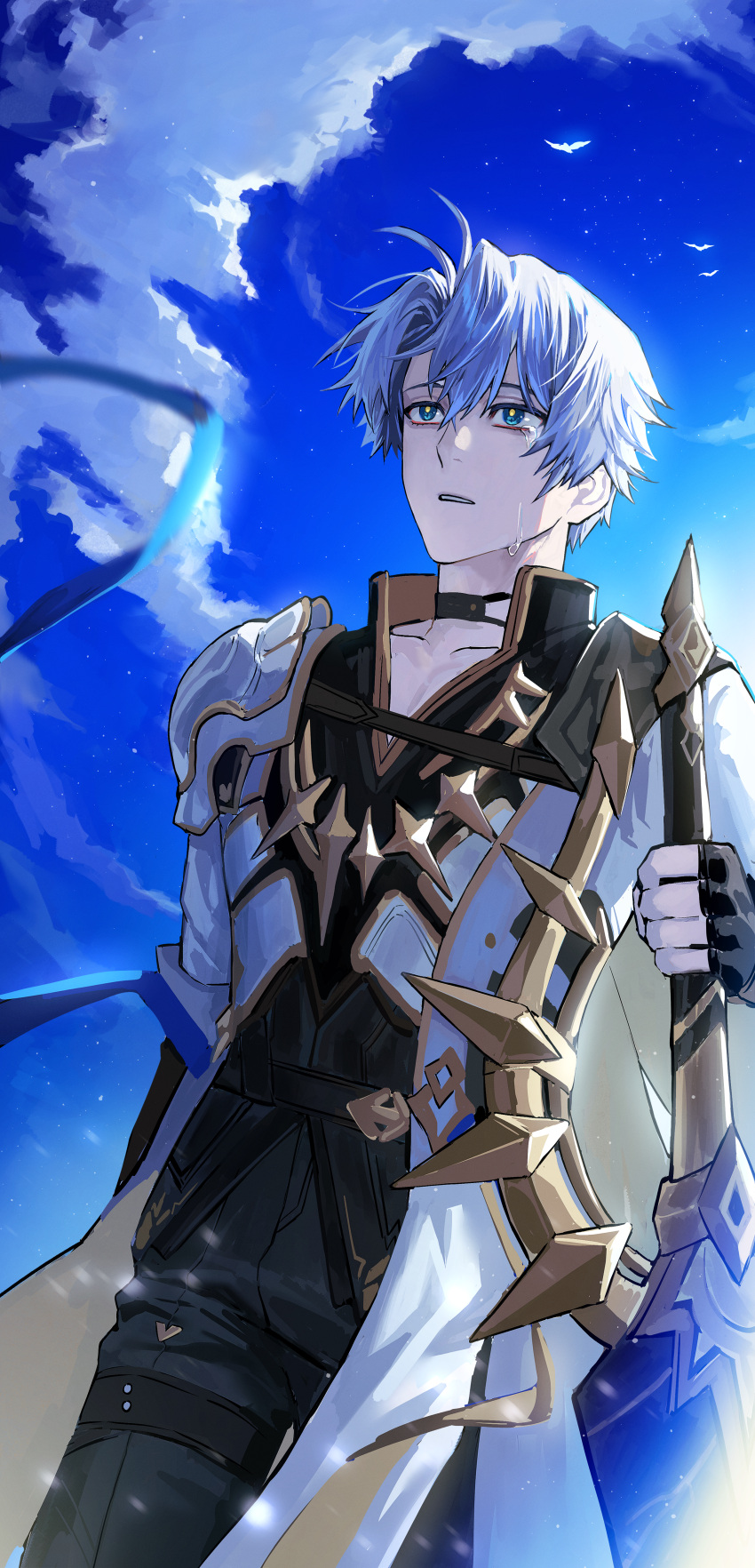 1boy, absurdres, antenna_hair, armor, black_choker, black_gloves, black_pants, black_shirt