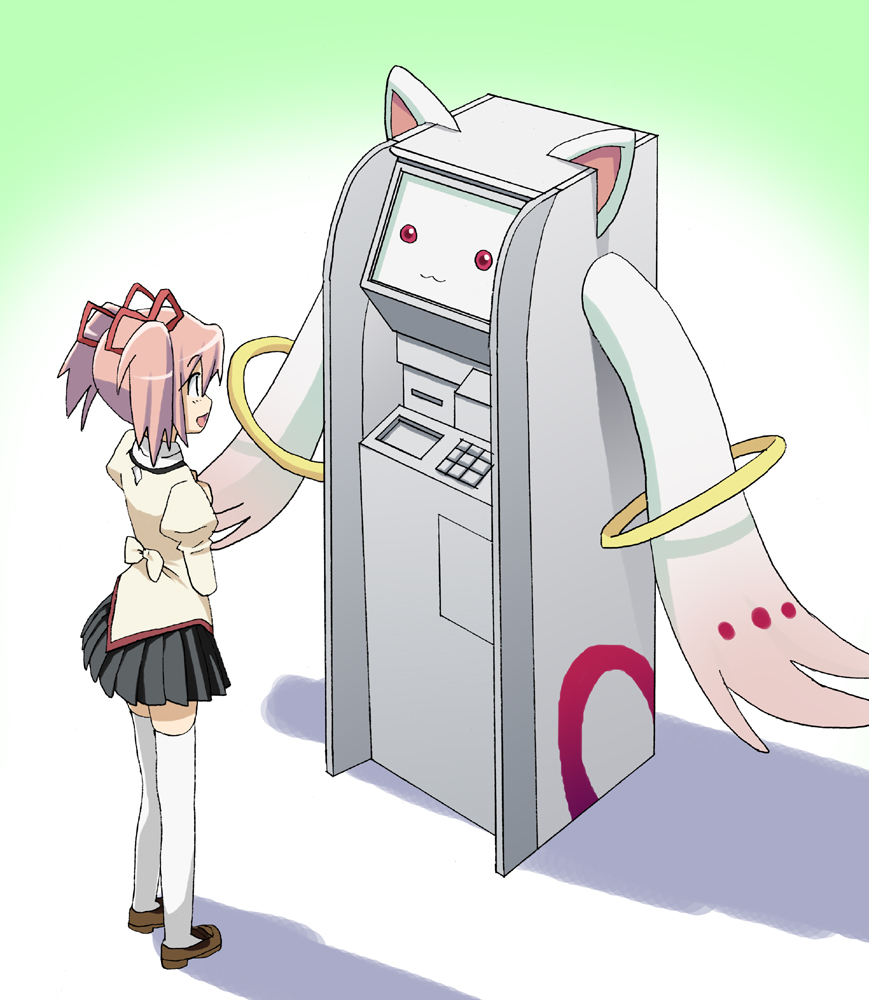 commentary, hair_ribbon, homing_(areya), homing_(artist), kaname_madoka, kyubey, kyuubee, mahou_shoujo_madoka_magica, objectification, pink_hair, ribbon, school_uniform, skirt, thigh-highs, thighhighs, twintails, zettai_ryouiki