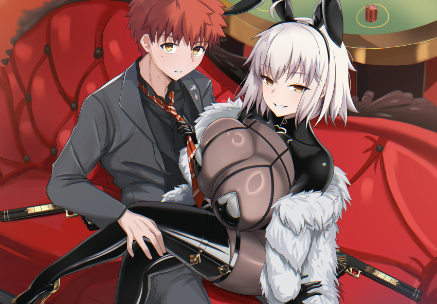 1boy, 1girl, absurdres, black_gloves, black_shirt, breasts, clothes_grab, cosplay