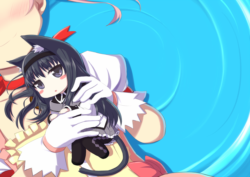 animal_ears, black_eyes, black_hair, blush, blush_stickers, cat_ears, cat_tail, chibi, choker, fang, gloves, hairband, kaname_madoka, long_hair, mahou_shoujo_madoka_magica, minigirl, pantyhose, parody, pink_hair, puffy_sleeves, ribbon, short_twintails, tail, tanno_shii, tannoshi, twintails