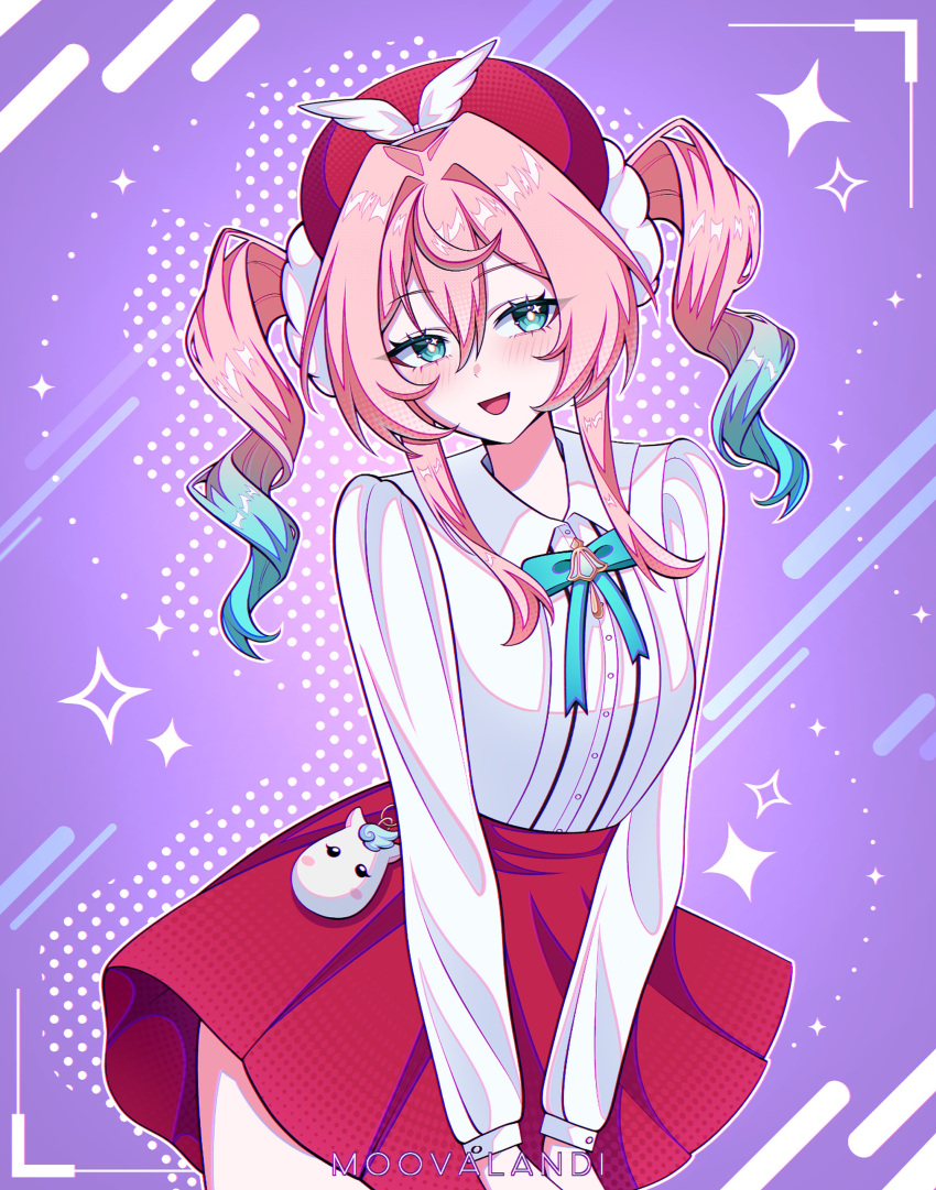 1girl, :d, absurdres, alternate_costume, aqua_bow, aqua_eyes, aqua_hair, beret