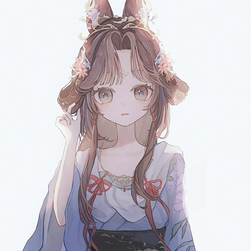 1girl, black_hair, chinese_clothes, facial_mark, feixianji_(hairstyle), flower, forehead_mark, hair_flower