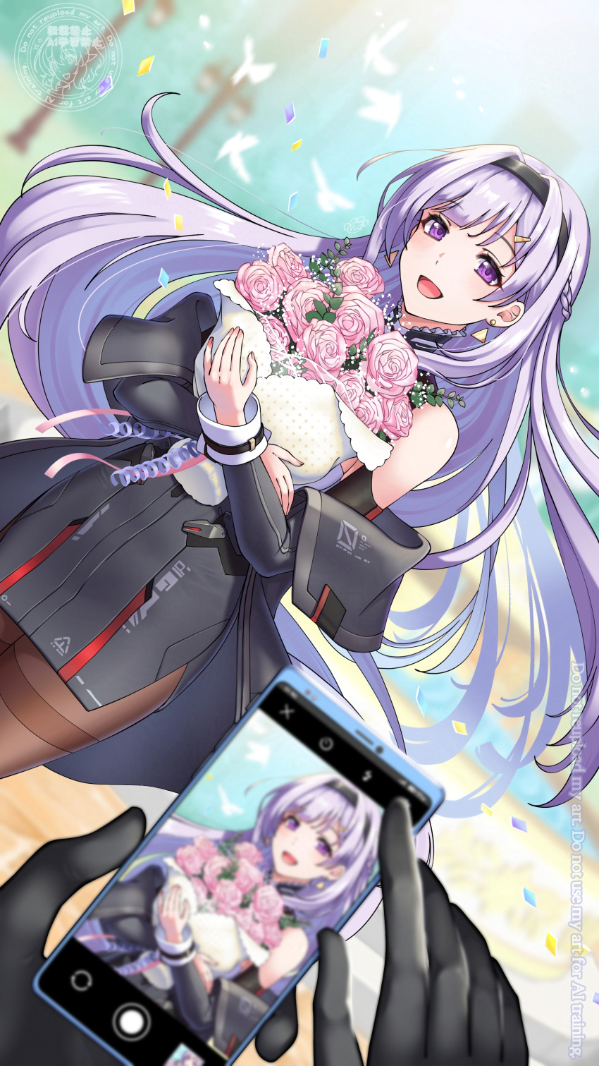 1girl, 1other, :d, absurdres, bird, black_gloves, black_hairband, black_jacket