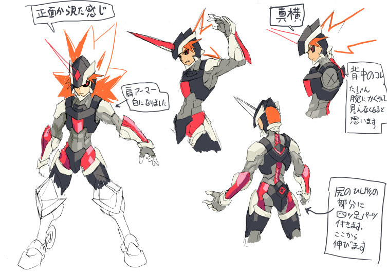 1boy, armor, azure_striker_gunvolt, azure_striker_gunvolt_1, black_armor, black_sclera, colored_sclera, commentary_request, concept_art, daytona_(gunvolt), horns, long_hair, male_focus, official_art, orange_hair, reference_sheet, simple_background, single_horn, spiky_hair, translation_request, white_background