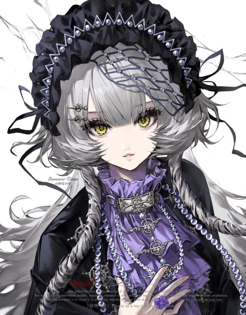 1girl, absurdres, ascot, bead_necklace, beads, black_hairband, black_ribbon, chinese_commentary