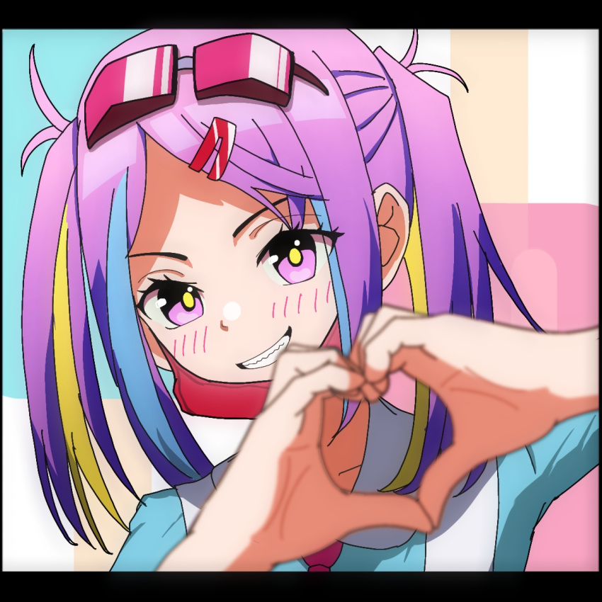 1girl, eyewear_on_head, heaven_burns_red, highres, ishii_iroha, jiro_channel, mask, mask_pull, multicolored_hair, necktie, purple_hair, sidelocks, streaked_hair, twintails, violet_eyes