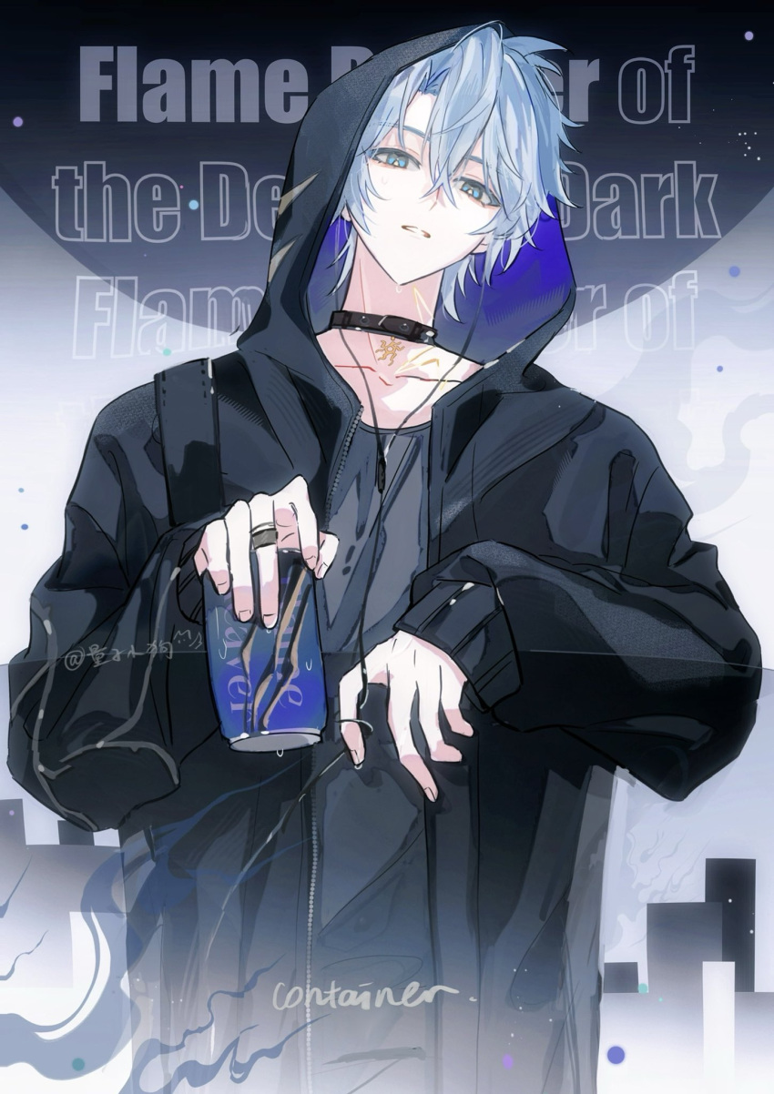 1boy, black_choker, black_hoodie, black_shirt, blue_eyes, can, chinese_commentary, choker