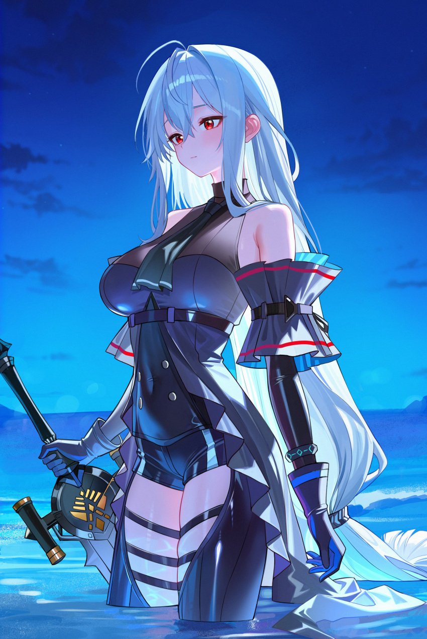 1girl, absurdres, ahoge, arknights, arm_cuffs, ascot, bare_shoulders, black_ascot
