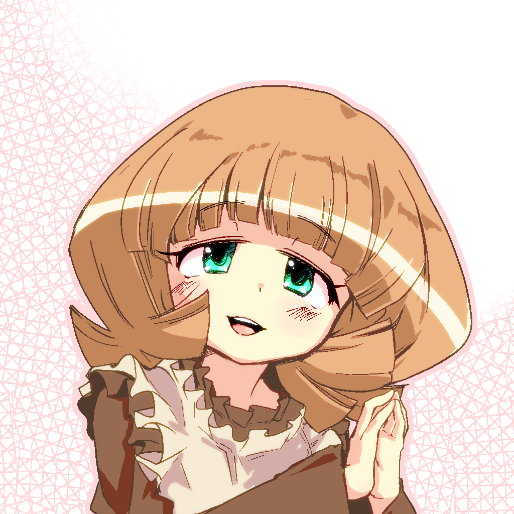 1girl, aqua_eyes, brown_gloves, gloves, looking_at_viewer, mahou_shoujo_madoka_magica, mahou_shoujo_oriko_magica, medium_hair, mengnaidu, open_mouth, own_hands_together, patterned_background, pink_background, solo, two-tone_background, white_background, yuuki_sasa