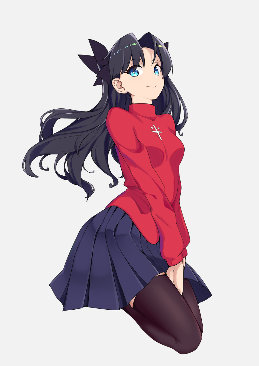 1girl, absurdres, black_hair, black_skirt, black_thighhighs, blue_eyes, breasts, closed_mouth, fate/stay_night, fate_(series), full_body, grey_background, hair_ribbon, heartpark, highres, kneeling, long_hair, looking_at_viewer, medium_breasts, parted_bangs, pleated_skirt, red_sweater, ribbon, simple_background, skirt, smile, solo, sweater, thigh-highs, tohsaka_rin, turtleneck, twintails, two_side_up, very_long_hair, zettai_ryouiki