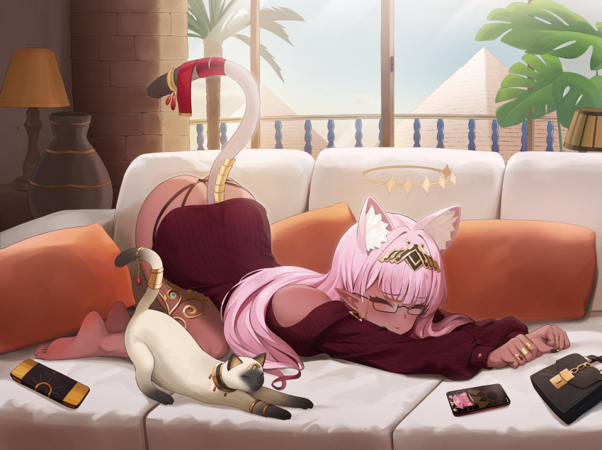 1girl, :3, absurdres, all_fours, ancient_egyptian, ancient_egyptian_clothes, animal, animal_ear_fluff, animal_ears, ass, bag, balcony, bandaged_tail, bare_legs, bare_shoulders, barefoot, blunt_bangs, blush, butt_crack, cat, cat_ears, cat_girl, cat_stretch, cat_tail, cellphone, circlet, clothed_animal, commission, commissioner_upload, couch, cushion, dark-skinned_female, dark_skin, earrings, egyptian_art, extra_ears, feet, feral_instincts, fingernails, full_body, gem, gold, gold_earrings, gold_hairband, gold_nails, gold_ring, hair_ornament, hairband, halo, handbag, handheld_game_console, headpiece, highres, indie_virtual_youtuber, indoors, isuress_(vtuber), jewelry, lamp, legs, long_hair, long_toenails, looking_at_viewer, multiple_rings, nail_polish, off_shoulder, on_couch, ornate, panties, pharamacom, phone, pink_eyes, pink_hair, pink_tail, plant, playstation_portable, pointy_ears, potted_plant, pyramid_(structure), railing, ribbon, ring, ringed_eyes, sharp_fingernails, sharp_toenails, siamese_cat, sidelocks, smartphone, smile, soles, solo, stretching, tail, tail_ornament, tail_raised, tail_ribbon, tail_ring, thick_thighs, thighs, thong, tiara, toe_ring, toenail_polish, toenails, toes, top-down_bottom-up, triangle_earrings, two-tone_nails, underwear, v-shaped_eyebrows, vase, virtual_youtuber, wide_hips, window, yellow_nails