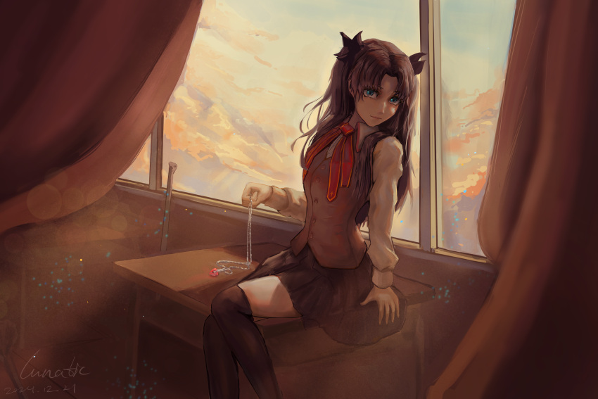 1girl, absurdres, black_hair, black_skirt, black_thighhighs, blue_eyes, classroom, clouds
