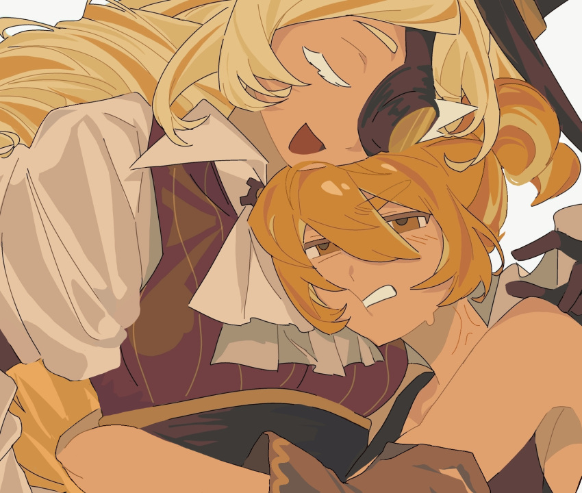 2girls, :d, anger_vein, ascot, bare_shoulders, black_tank_top, blonde_hair, brown_eyes