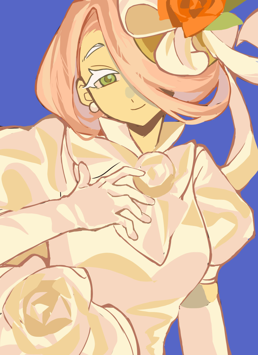 1girl, absurdres, blue_background, bow, breasts, closed_mouth, colored_eyelashes, commentary