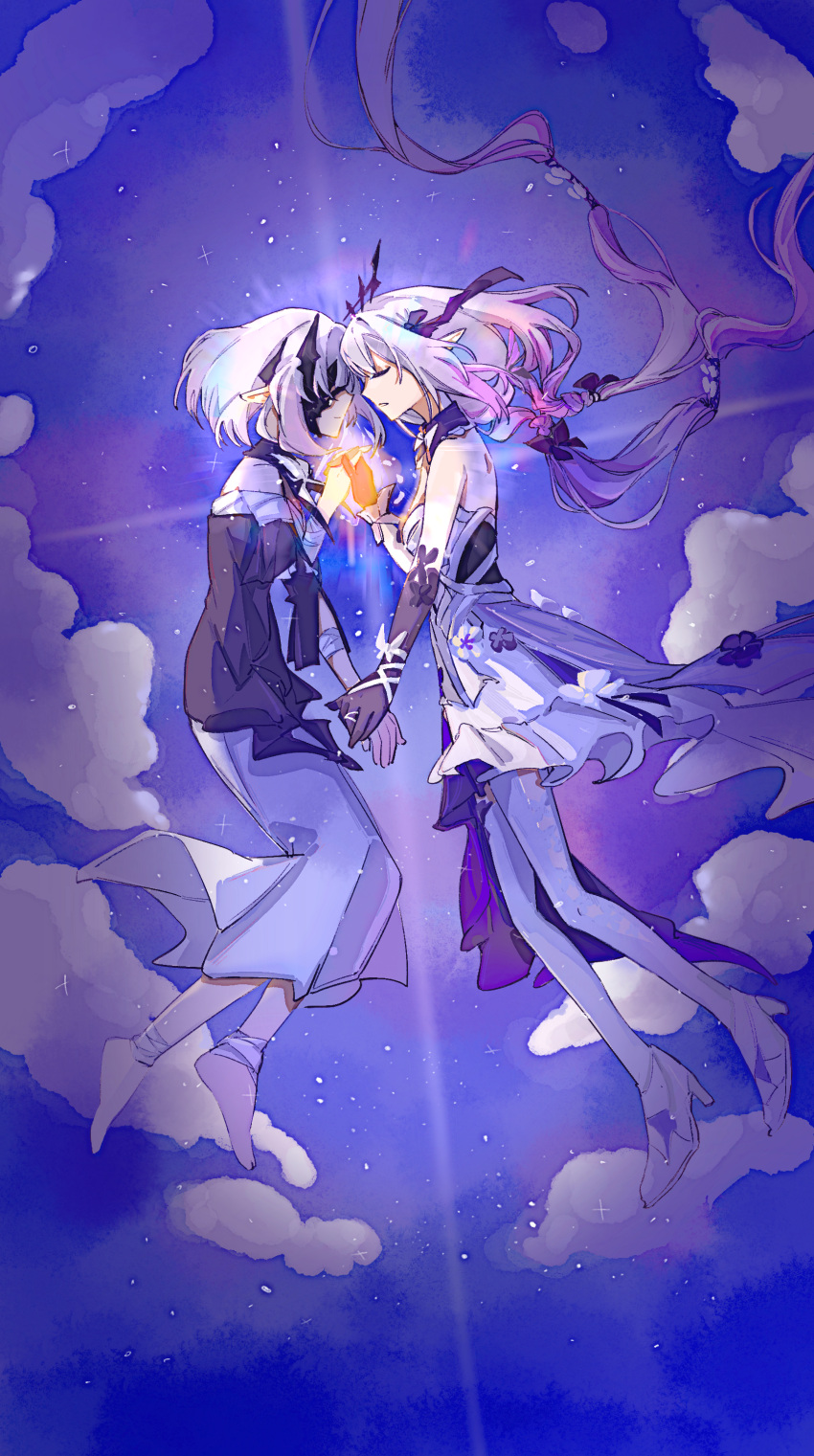 2girls, absurdres, bare_shoulders, boots, castorice_(honkai:_star_rail), closed_eyes, clouds, cloudy_sky, dhs_de_tongren_shouxinji, dress, floating, full_body, high_heels, highres, holding_hands, honkai:_star_rail, honkai_(series), long_hair, long_sleeves, mask_over_one_eye, multiple_girls, polyxia_(honkai:_star_rail), purple_hair, short_hair, sky, star_(sky), thigh-highs, thigh_boots, white_dress, white_hair