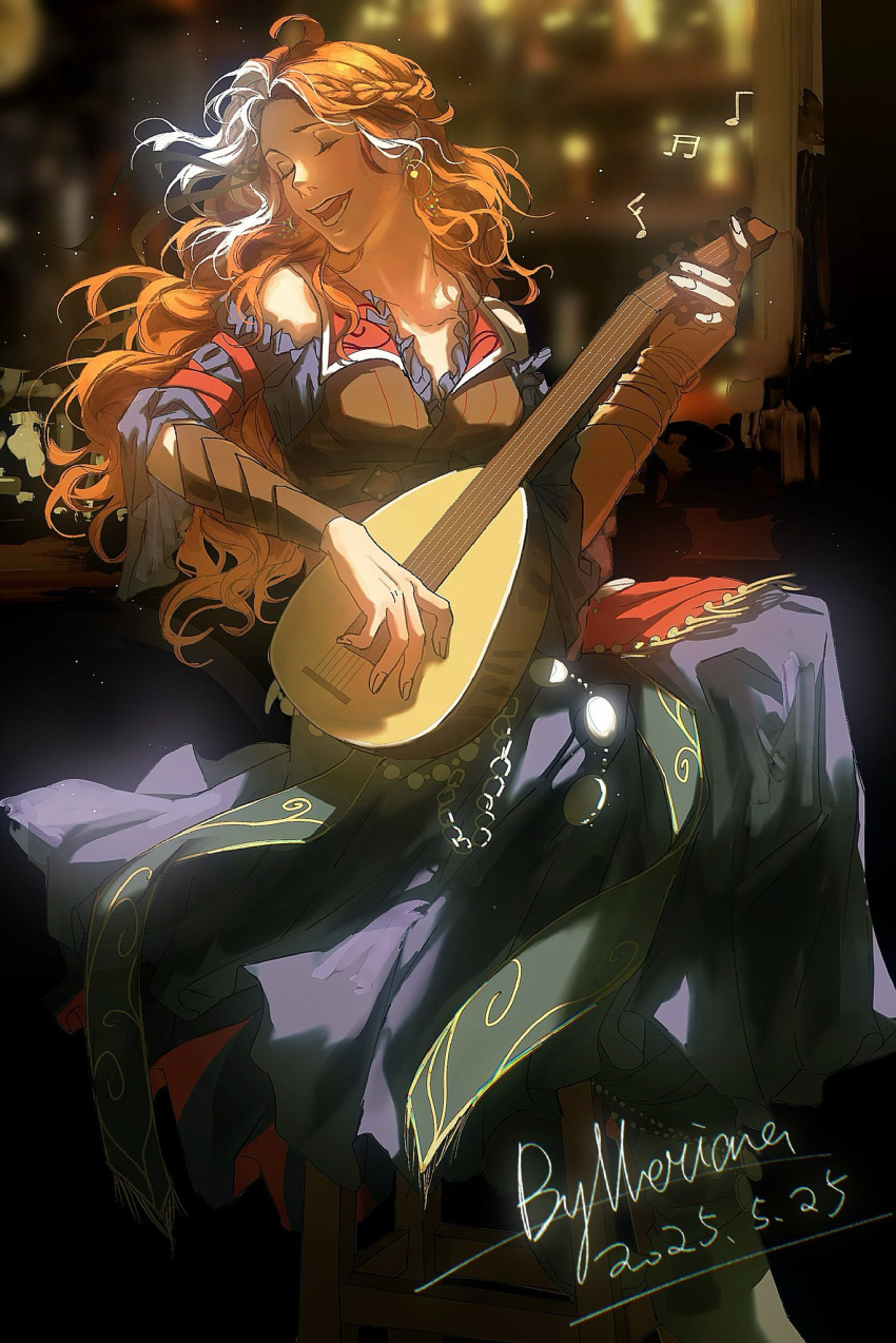 1girl, artist_name, blurry, blurry_background, braid, closed_eyes, dated, divinity:_original_sin_2, dress, earrings, half_up_braid, highres, holding, holding_instrument, indoors, instrument, jewelry, lohse, long_hair, lute_(instrument), merianaka, multicolored_hair, music, musical_note, open_mouth, orange_hair, playing_instrument, signature, singing, sitting, smile, solo, stool, two-tone_hair, wavy_hair