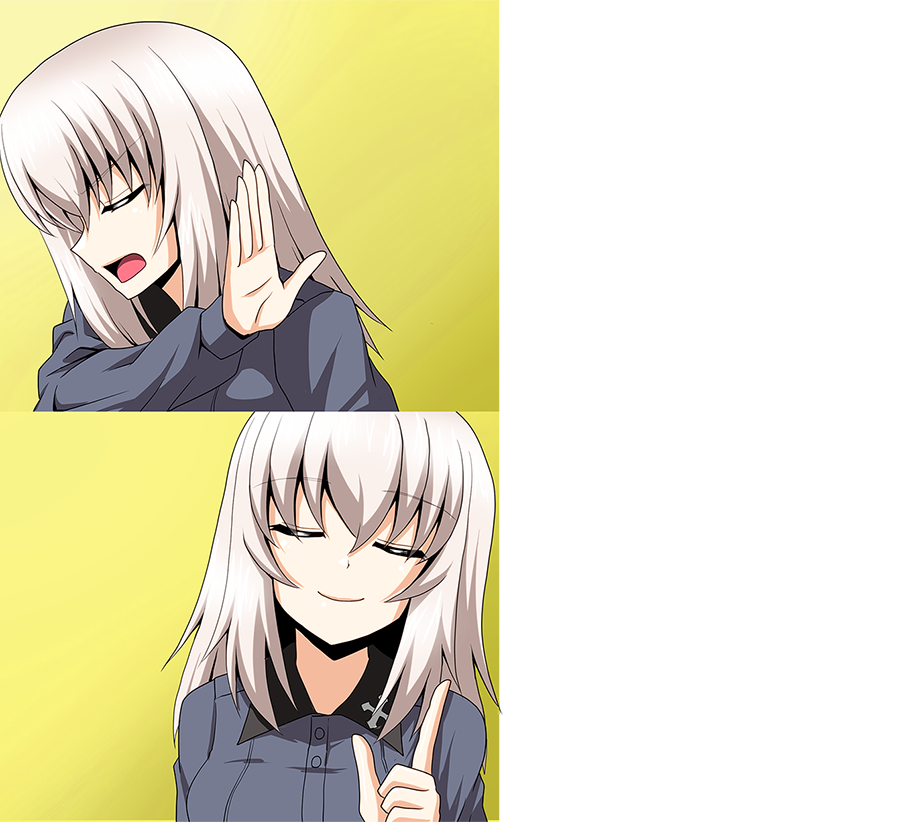 1girl, closed_eyes, closed_mouth, cropped_torso, drakeposting_(meme), dress_shirt, facing_viewer, girls_und_panzer
