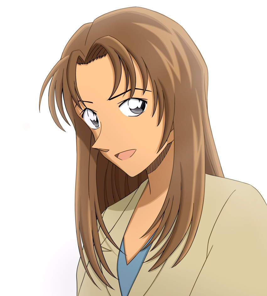 1girl, blue_shirt, brown_hair, brown_jacket, gimlet-conan, grey_eyes, highres, jacket, kousaka_natsumi, long_hair, looking_at_viewer, looking_to_the_side, meitantei_conan, official_style, open_mouth, portrait, shirt, simple_background, solo, white_background