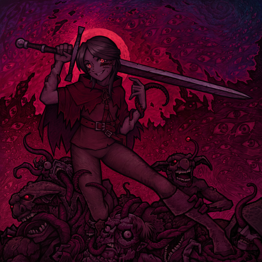 absurdres, belt, boots, brown_belt, brown_pants, cloak, commentary, eldritch_abomination