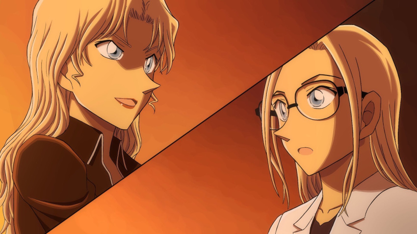 2girls, black-framed_eyewear, black_jacket, blonde_hair, blue_eyes, coat, collarbone, eye_contact
