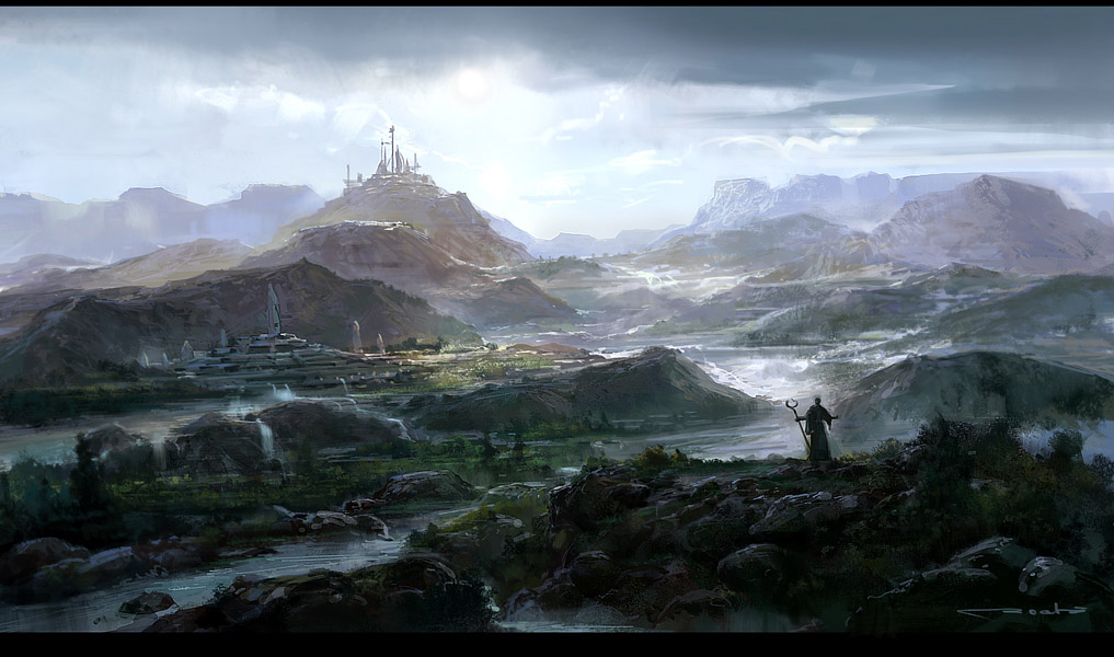 clouds, fantasy, landscape, makarori_(noah), mountain, original, scenery, sky