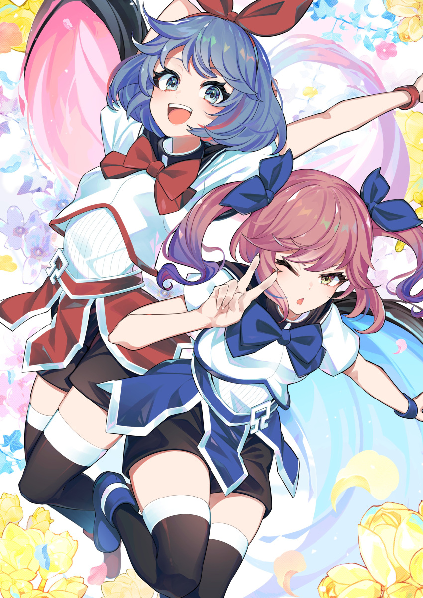 2girls, :d, absurdres, akagi_(sk0127aho), arms_up, black_cape, black_shorts, black_thighhighs
