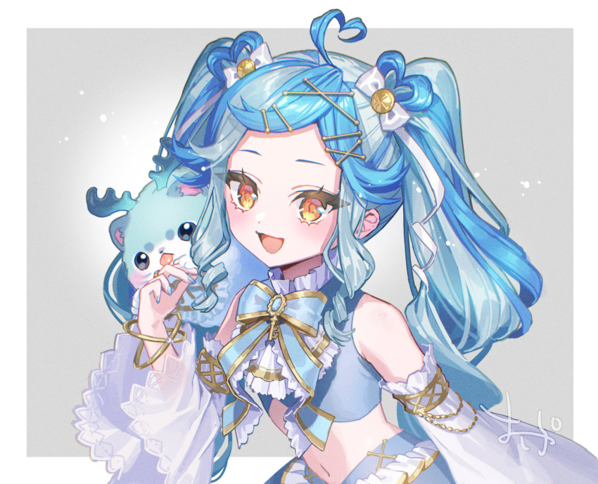 1girl, :d, ahoge, bare_shoulders, blue_hair, blue_nails, blush, detached_sleeves